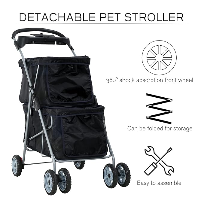 HCY Double Pet Stroller for Cats & Dogs - 4 Wheels, Lightweight, Waterproof for Travel & City Walk (Black)