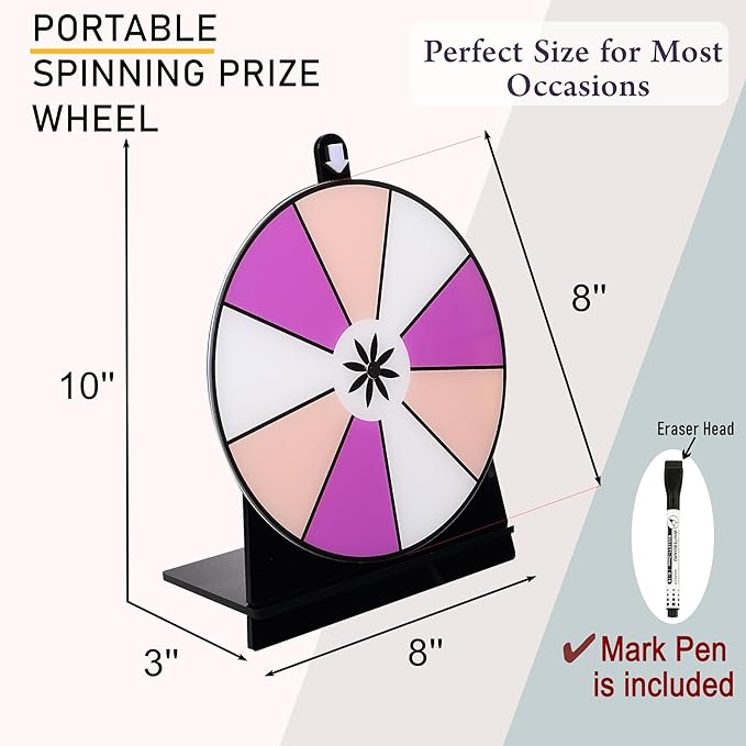iobiotio Spinning Prize Wheel, Spinning Wheel for Prizes with Stand, 9,10 Slots Color Small Tabletop Roulette Spinner, Easy Assembly and Erasable, Portable, 8 inch, 5mm, Black