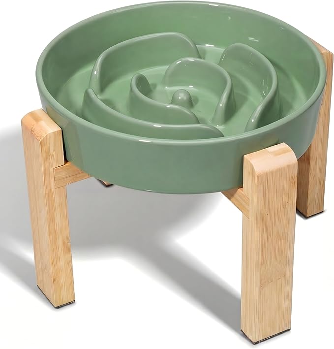 Elevated Slow Feeder Dog Bowl Large Breed, 8.8 Inch Ceramic Slow Eating Bowl with Bamboo Stand, Anti-Choking Raised Maze Design for Medium to Large Dogs, 3.2 Cup, Green