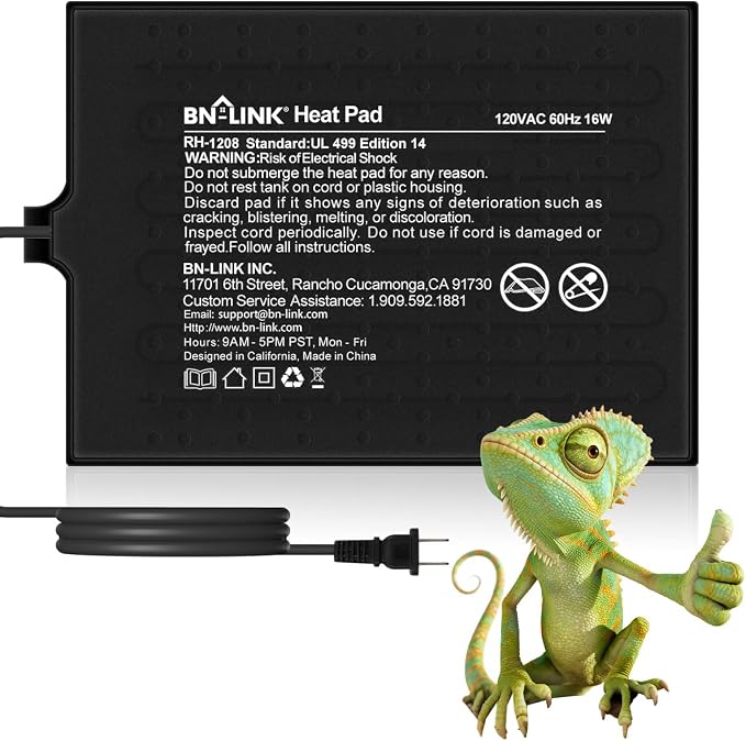 BN-LINK Reptile Heat Pad 8"X12" 16W for 30-40gal Under Tank Terrarium Heating Mat Waterproof for Turtle, Lizard, Frogs, Snake, Hermit Crab