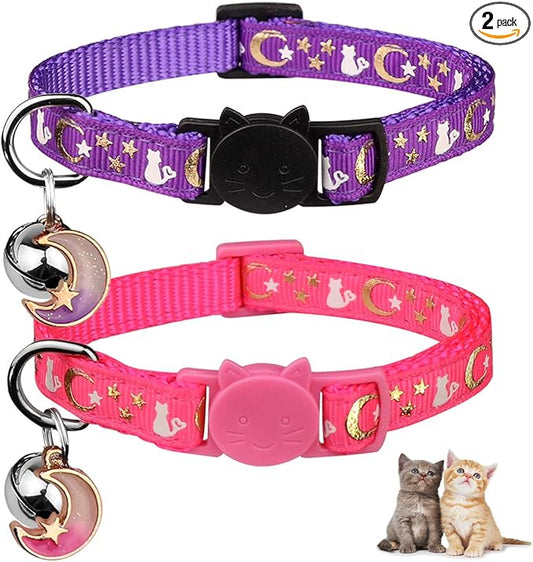 Baeuppit 2PCS Breakaway Cat Collars with Bell Moons Stars Cute Kitty Adjustable Safe Kitten Collars with Pendant Glow in The Dark(Purple&Pink)