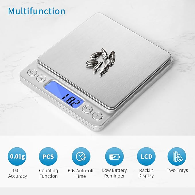 Digital Gram Scale 500g 0.01g Food Scale High Precision Kitchen Scale Multifunctional Stainless Steel Pocket Scale with Back-Lit LCD Display Tare PCS Features Silver