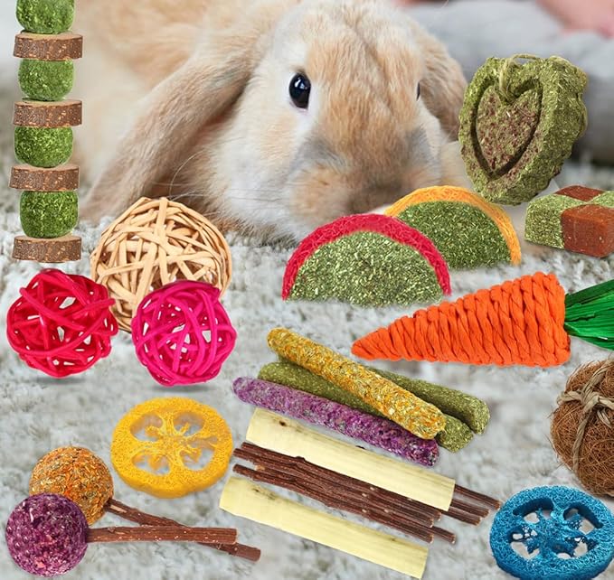 YIXUND Rabbit & Guinea Pig Toys - Natural Timothy Hay & Apple Wood Sticks for Teeth Care - Handmade for Hamster, Bunny, Chinchilla (27 Pcs)