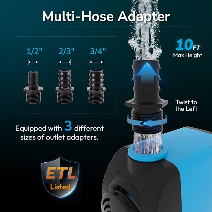 Hexago 800GPH Submersible Pump, Ultra Quiet Water Fountain Pumps with 10FT High Lift, 6FT Power Cord, 3 Nozzles, Durable Water Pump for Fish Tank, Pond Fountains, Aquarium, Statuary, Hydroponics