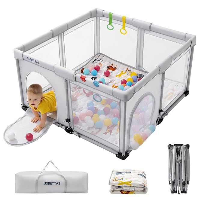 Foldable Baby Playpen with Mat, 1-Minute Setup, Lightweight Portable Playpen with Carry Bag, 50"x50" Indoor Outdoor Safty Play Yard for Babies & Toddlers, Light Gray