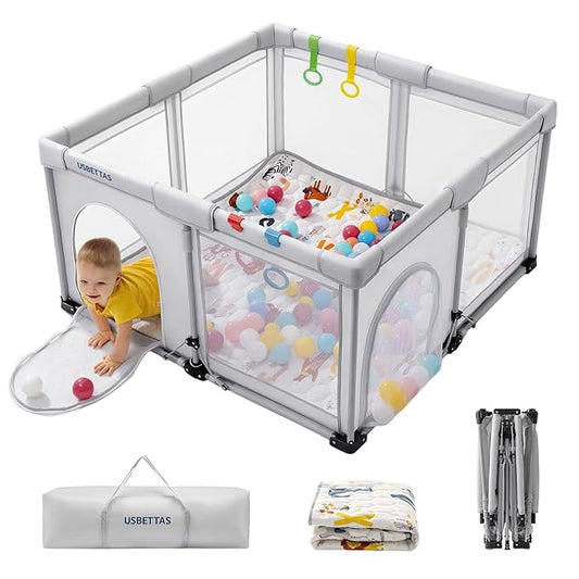 Foldable Baby Playpen with Mat, 1-Minute Setup, Lightweight Portable Playpen with Carry Bag, 50"x50" Indoor Outdoor Safty Play Yard for Babies & Toddlers, Light Gray