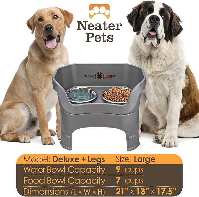 Neater Feeder Deluxe Mess-Proof Elevated Dog Bowls for Large Dogs (40+ lbs), 2 Height Adjustable (14.5” & 17.5”) No-Spill Raised Dog Bowl Stand, Stainless Steel Food Bowl Set, Made in USA, Gunmetal