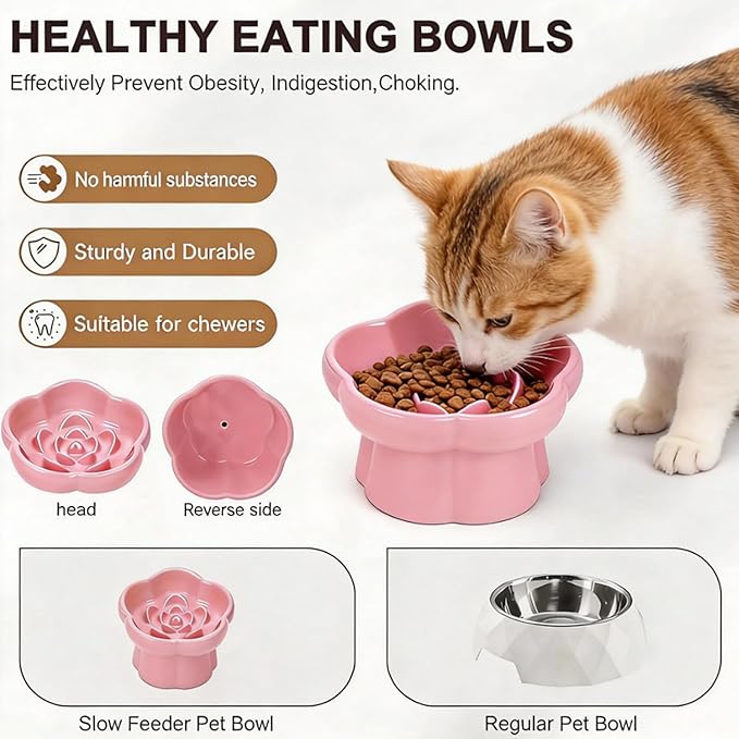Cat Slow Feeder Flower-Shaped Ceramic Slow Feeder Cat Bowl, Tilted Raised Cat Slow Feeder Bowl for Whisker Relief, Prevents Vomiting & Bloating, Non-Slip Base (Pure Purple)