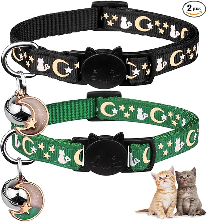 Baeuppit 2PCS Breakaway Cat Collars with Bell Cute Kitty Glow in The Dark Adjustable Kitten Collars 7.9-13.0 Inch(Deep Green&Black)