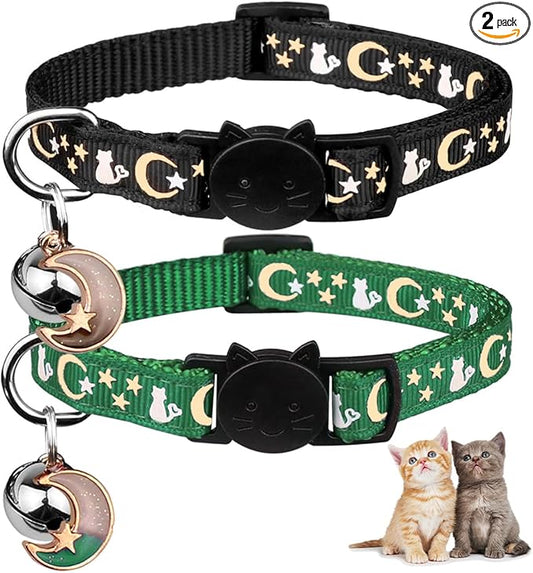 Baeuppit 2PCS Breakaway Cat Collars with Bell Cute Kitty Glow in The Dark Adjustable Kitten Collars 7.9-13.0 Inch(Deep Green&Black)