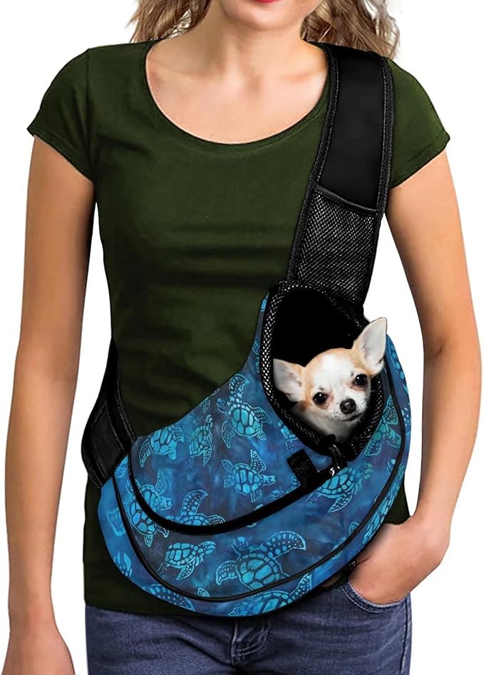 FUSURIRE Blue Turtle Front Sling Puppy Carrier, Boho Style Travel Pet Carrier Bag for Small Dog Cats Outdoor Hands Free Pet Carrier Backpack with Adjustable Strap