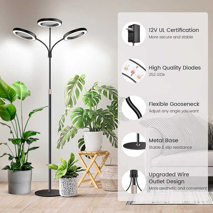 Floor Grow Light, 3 Head Full Spectrum with Base, for Large Plants | 252 LEDs 6000K Plant Light,12V,23''-67'' Height Adjustable,3 Color Modes & 5 Dimmable,Timer 6/12/16H,Flexible Gooseneck