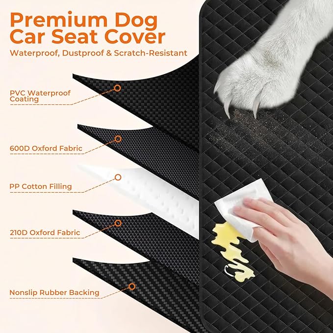 KITPLUS Dog Car Seat Cover for Pets Waterproof Seat Cover Hammock Nonslip Durable 600D Heavy Duty Scratch Proof Soft Back Seat Covers for Cars Trucks and SUVs, Black