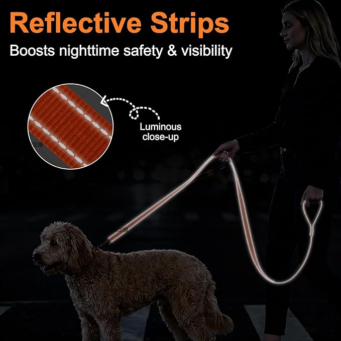 6 FT Heavy Duty Dog Leash with 2 Comfortable Padded Handles, Traffic Handle Extra Control, Highly Reflective Threads Leash for Small/Medium/Large Dogs (Orange)
