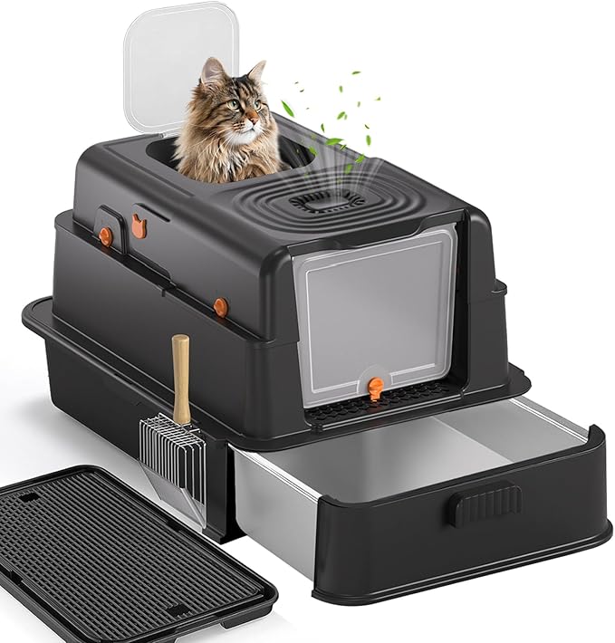 Stainless Steel Litter Box with Lid: XL Extra Large Cat Litter Box for Big Cats, Enclosed Kitty Litter Boxes with Drawer, High Sided Metal Cat Box with Scoop, Front & Top Entry, Odor Free, Non-Stick