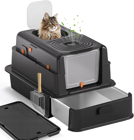 Stainless Steel Litter Box with Lid: XL Extra Large Cat Litter Box for Big Cats, Enclosed Kitty Litter Boxes with Drawer, High Sided Metal Cat Box with Scoop, Front & Top Entry, Odor Free, Non-Stick