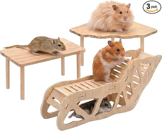 3-Piece Wooden Hamster Platform Set & Tunnel Hideout, Enrichment Natural Wood Hamster Cage Accessories, Climbing Toys & Hides for Syrian, Dwarf, Gerbil, Mice, Habitat Essentials & Decor