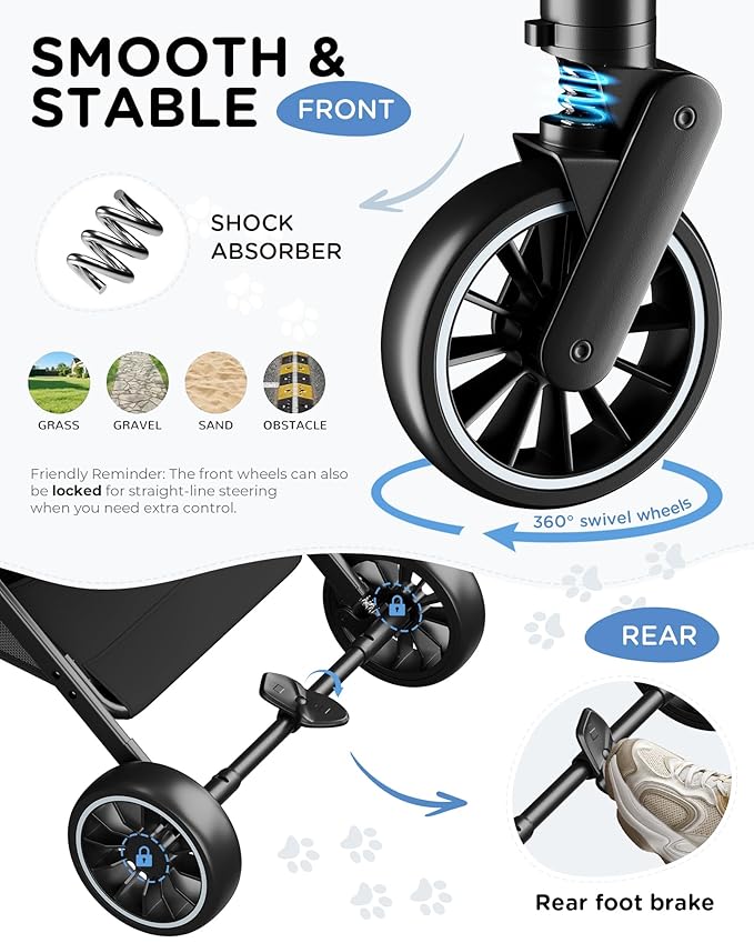 GTPLAYER Pet Stroller for Small Dogs & Cats, 3-in-1 Foldable Pet Stroller with Detachable Carrier, 360° Swivel Front Wheels & Rear Brakes, Up to 45 lbs, Light Blue