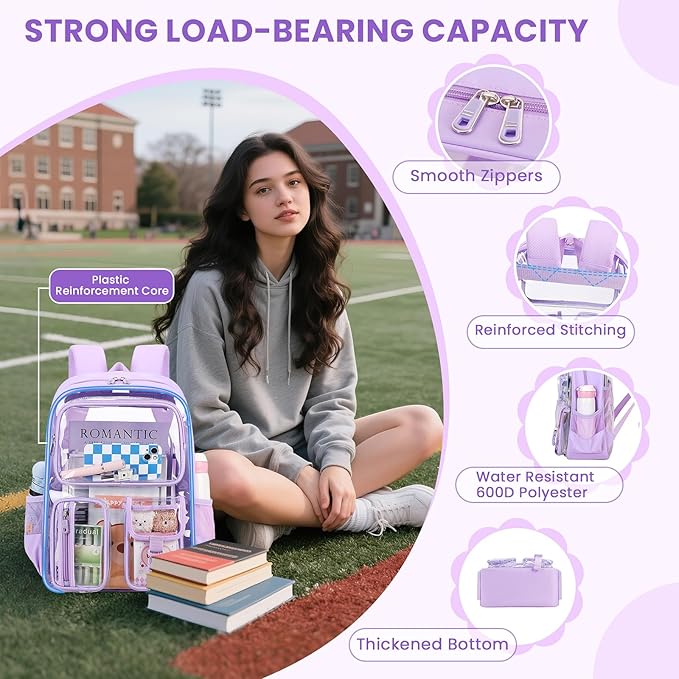 MUSEVOS Clear Backpack for School, Heavy Duty Clear Bookbag for Girls Boys Transparent Backpack with Badge Holder, Purple