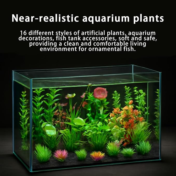 16-Piece Artificial Aquarium Plants Set – Vibrant, Realistic Fish Tank Decorations for Aquariums, Reptile Terrariums, and Aquatic Landscapes