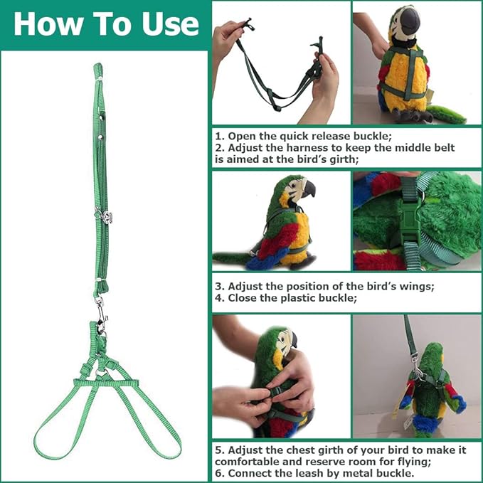 ASOCEA Adjustable Bird Harness and Leash, 2 Pack Bird Food Stainless Steel Cups for Yellow Naped Amazons Galah Cockatoos Small to Medium Breed Parrots Fits Birds Chest