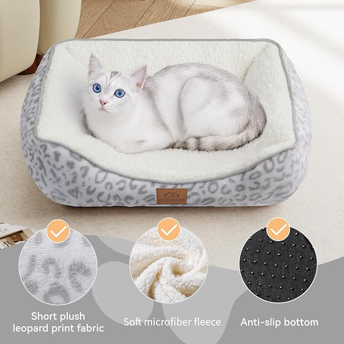 Zerbuger Rectangle Cat Dog Bed for Large Medium Small Pets Indoor Outdoor Machine Washable Sleeping Sofa Non-Slip Bottom Soft Puppy Bed Durable Orthopedic Calming Pet Cuddler (Small, White Leopard)