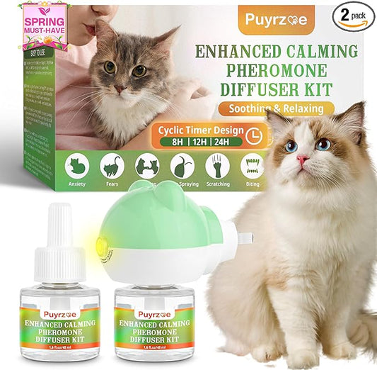 puyrzoe Cat Calming Diffuser with Timing Function, 3-in-1 Cat Pheromones Calming Diffuser Kit, 60-Day Anxiety Relief, Stress Relaxation Cat Pheromone Diffuser for All Cats (1 Diffuser + 2 Refills)