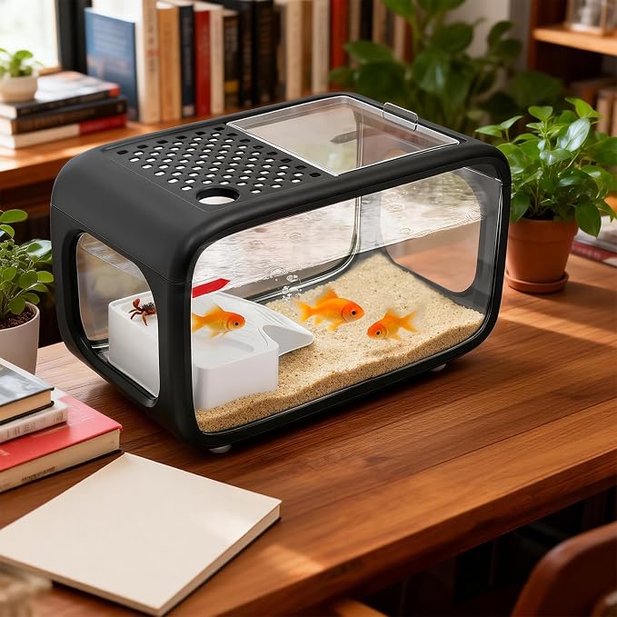 Desktop Fish Tank, 3.17 Gal Modern Aquarium Kit, Fish Bowl with Clear View Cover, Top Feeding Hole and Built-in Climbing Frame, for Small Aquatic Pets, Turtles, Shrimp Home Office Use