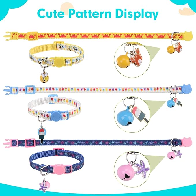 BINGPET Breakaway Cat Collar with Bell, 3 Pack Cat Collars for Girl Boy Cats, Cute Summer Vibe Kitten Collars Accessories with Crab & Starfish & Popsicle