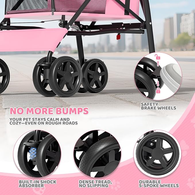 Magshion Compact Pet Stroller for Small-Medium Dogs/Cats up to 22lbs, 4-Wheel Lightweight Umbrella Shaped Portable Puppy Travel Jogger with Breathable Mesh & Rear Storage, Pink