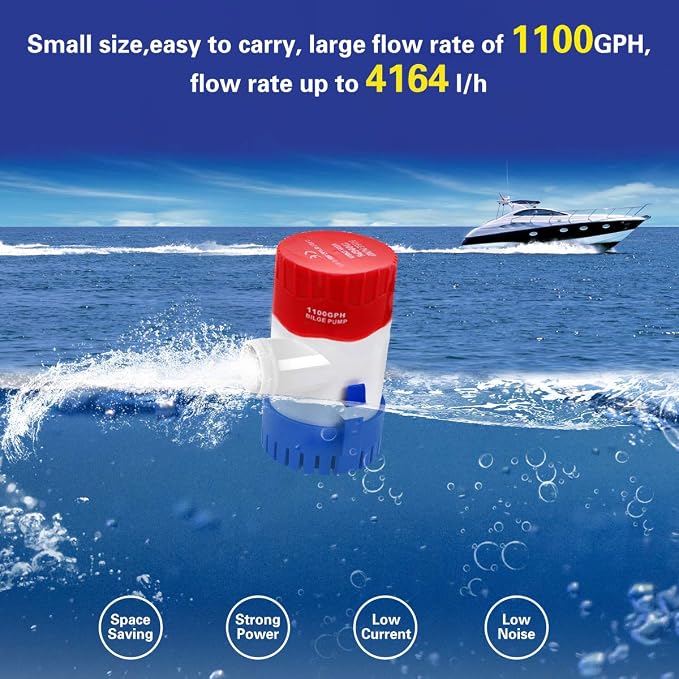 Submersible Boat Bilge Water Pump 12v 1100gph Non-Automatic Marine Electric Bilge Pump for Ponds, Pools, Spas Silent, Boat Caravan RV Submersible