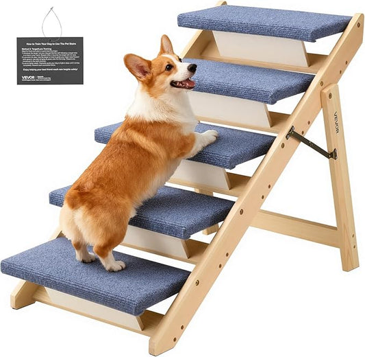 VEVOR Wood Pet Stairs, 5-Step Dog Stairs for Beds, Sofa & Cars, 150lbs Load Capacity, Floded Flat Design, Stable & Sturdy Cat & Dog Step Ladder for Small Medium Large Older Pet Puppy Essentials