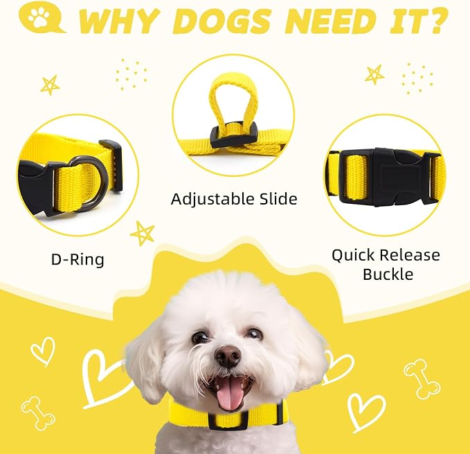 Yellow Dog Collar for Medium Size Dog, Breathable, Anti-Odor & Soft, Comfortable for Sensitive Skin Puppies, 90% Bamboo Rayon, Adjustable Quick-Release Buckle Pet Collar for Medium Breeds