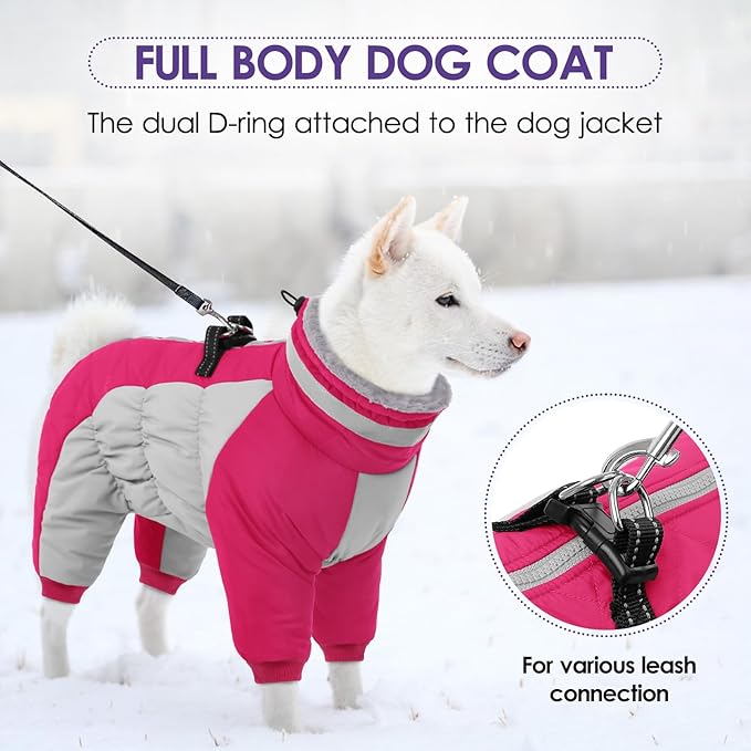 Full Body Dog Coat - Warm Fleece Jacket for Large Dogs, Turtleneck Winter Coats with Harness, Reflective Windproof Dog Snowsuit with Legs for Labrador,Golden Retriever, Hot Pink 2XL