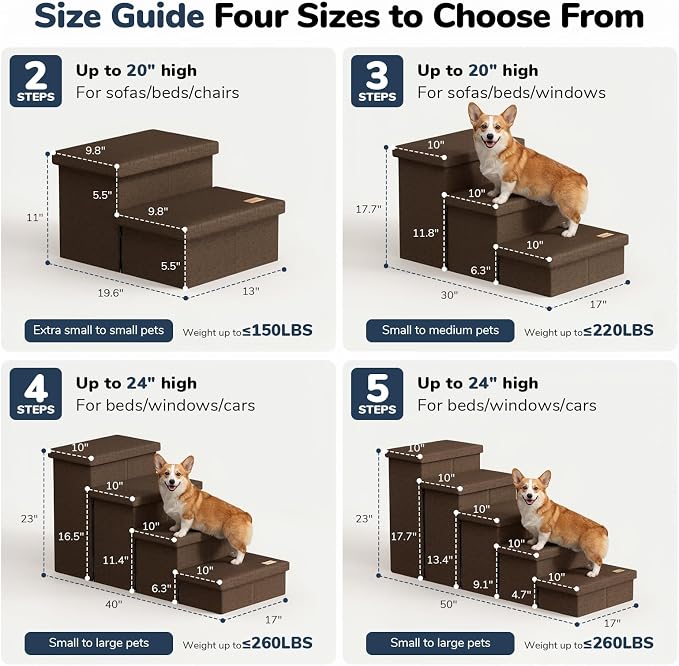 5-Step Wide Dog Stairs with Storage 23" H, Non-Slip Sturdy Pet Steps for High Bed Couch Window, Pet Stairs for Small/Medium/Large Old Dogs Cats Up to 260lbs, Cat Dog Steps for Car/SUV, Coffee