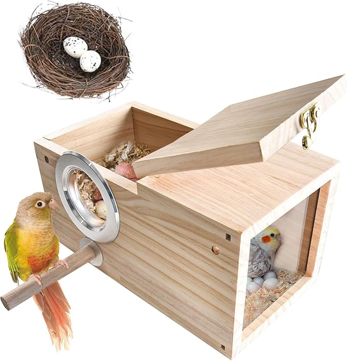 Bird Nesting Box Parakeet Parrot Breeding Nest Wooden Acrylic Transparent Bird House with Small Nest for Small Parrot Conure Lovebirds (Medium)