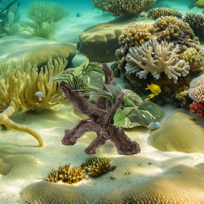 Driftwood Cave Aquarium Decor, Artificial Fish Tank Driftwood Decoration Fake Plant Tree Decorations Realistic Cave Cloth Leaf Plants for Fish Tanks Aquatic Landscapes Ornaments 6. 68x4. 32x3. 93in