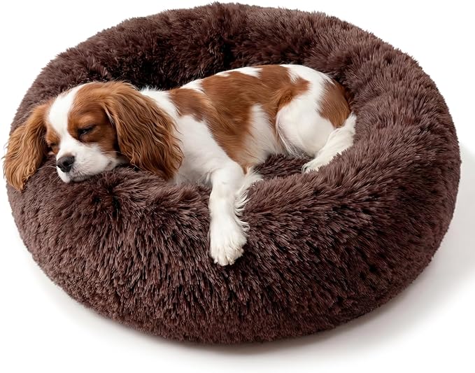 Calming Dog Bed for Medium Dogs Washable Donut 30 inches Anti-Slip Pet Bed,Round Fluffy Plush Faux Fur Cat Bed,Fits up to 45 lbs Pets,Chocolate Brown
