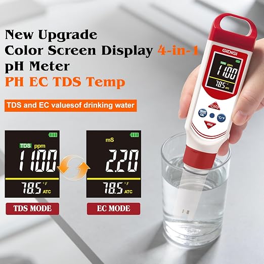 pH EC Meter for Hydroponic, Digital pH TDS EC ppm Tester | Color Screen Display, High Accuracy pH Pen Probe for Drinking Water, Nutrient Solution, Aquariums, Pools & Home Use