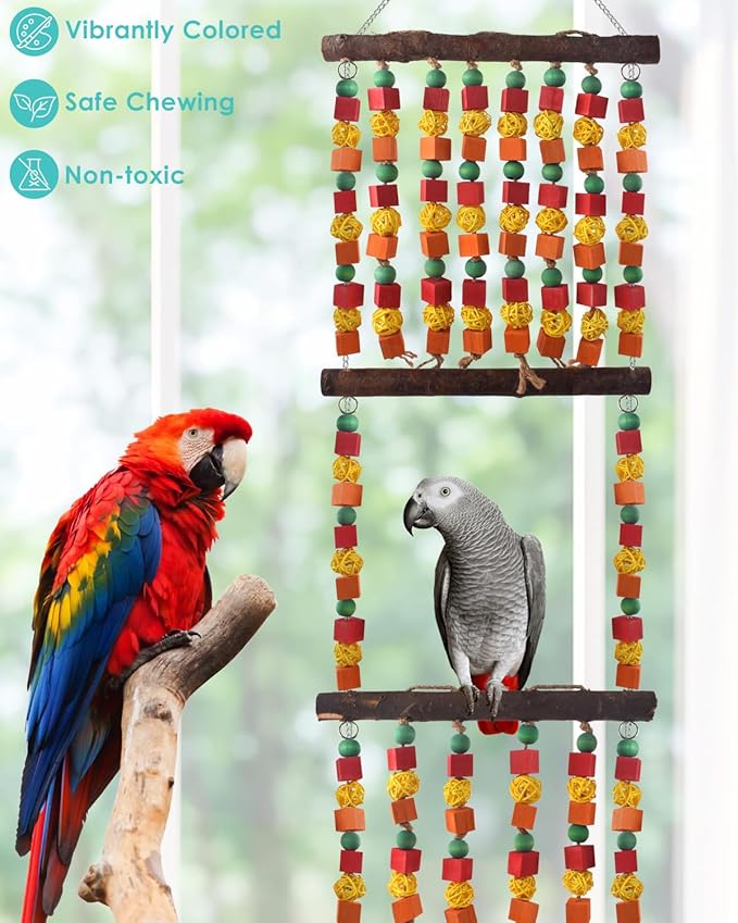DBNESS 43" Extra Large Bird Parrot Toys, Multicolored Wooden Blocks Chewing Toy with Rattan Balls and Perches for Eclectus, African Greys, Cokatoos, Amazon Parrots