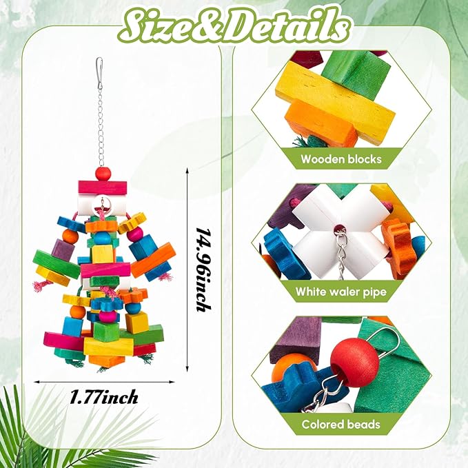 Seenelling 5 Pcs Extra Large Bird Parrot Toy Multicolored Natural Wooden Parrot Cage Chewing Toys for Large Medium Macaws Cockatoos African Grey Birds (Block and Ball)