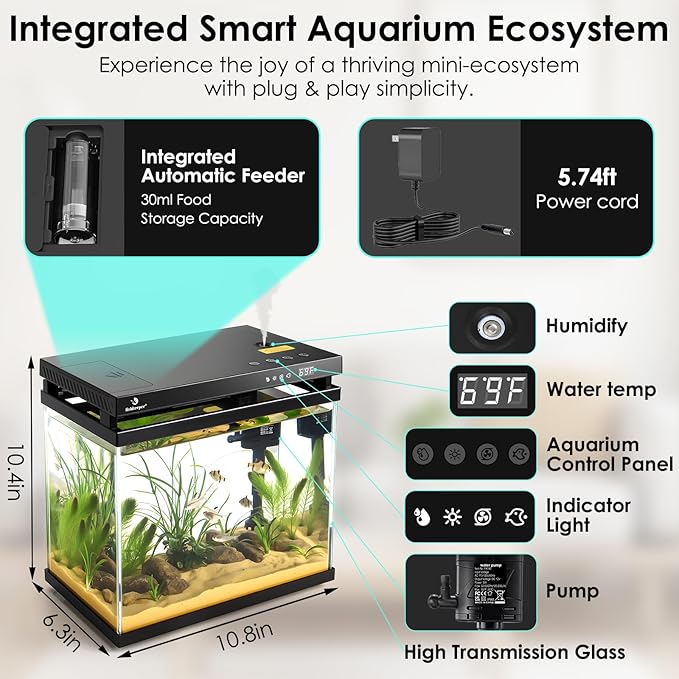fishkeeper 2.3G Smart Aquarium - HD Glass Fish Tank Kits with Auto Feeder, Self-Cleaning Silent Filter Pump, Aromatherapy, Temperature Display & 7-Color RGB Lights for Desktop, Office, Room