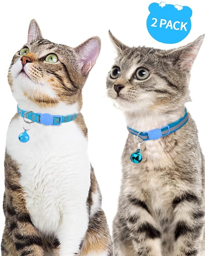 Taglory Reflective Cat Collar Breakaway with Bell, High Visibility Night Strip, Lightweight Adjustable Nylon Collar for Boy Girl Cats, 2 Pack, 7.5-12.5 Inch, Sky Blue