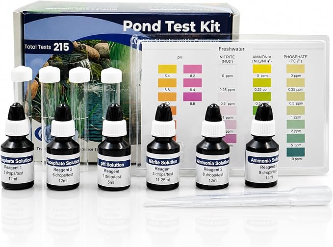 Half Off Ponds 4-in-1 Water Quality Test Kit | 215 total tests, Measures pH and Ammonia, Nitrite, Phosphate, Glass tubes, Freshwater aquariums