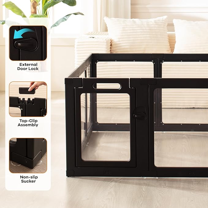 Clear Acrylic Dog Playpen Indoor, Puppy Cat Small Pet 2 Room Play Pen, Pet Cat Playpen for Rabbits, Dog Fence Crate Kennel Whelping Cage (24", Black, 12 Panel)