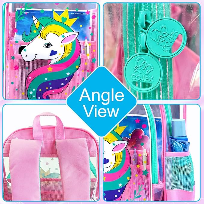 AGSDON 3PCS Clear Backpack for Girls, Kids Unicorn Transparent Backpack with Heavy Duty PVC, See Through Backpacks with Lunch Bag- Pink Unicorn