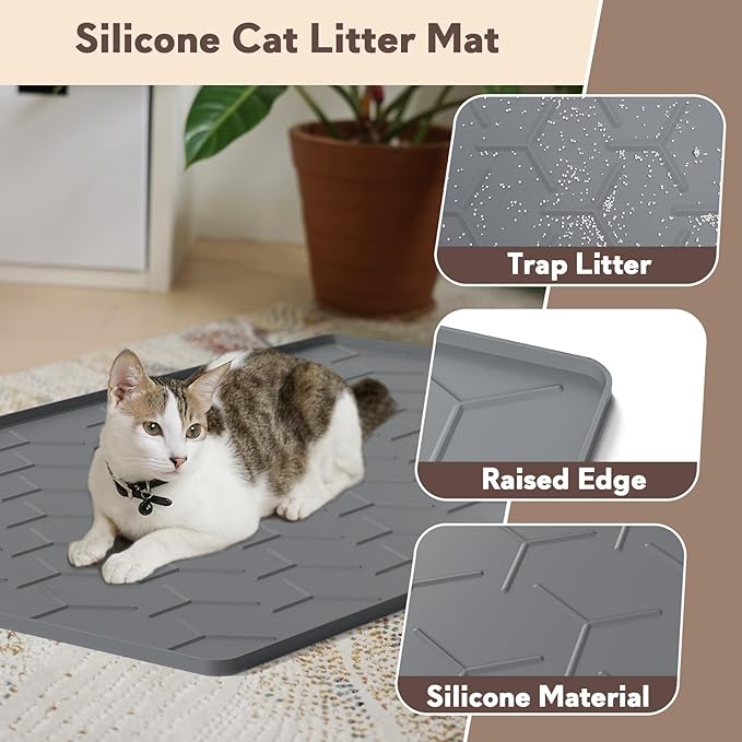 Garoopion Cat Litter Mat, Large 40" X 28" Litter Catcher Rug, Waterproof Silicone Mat for Cats, Dark Gray