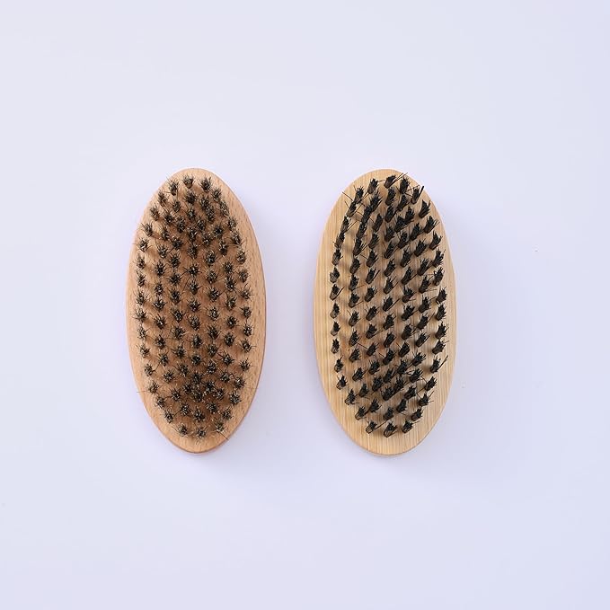 Goat Brushes for Grooming 2 Pack, Wooden Livestock Brush Set for Goats, Sheep, Calves, Horses, Dogs and Pigs, Soft Boar Bristle and Firm Nylon Body Brushes for Shedding, Face and Leg Care