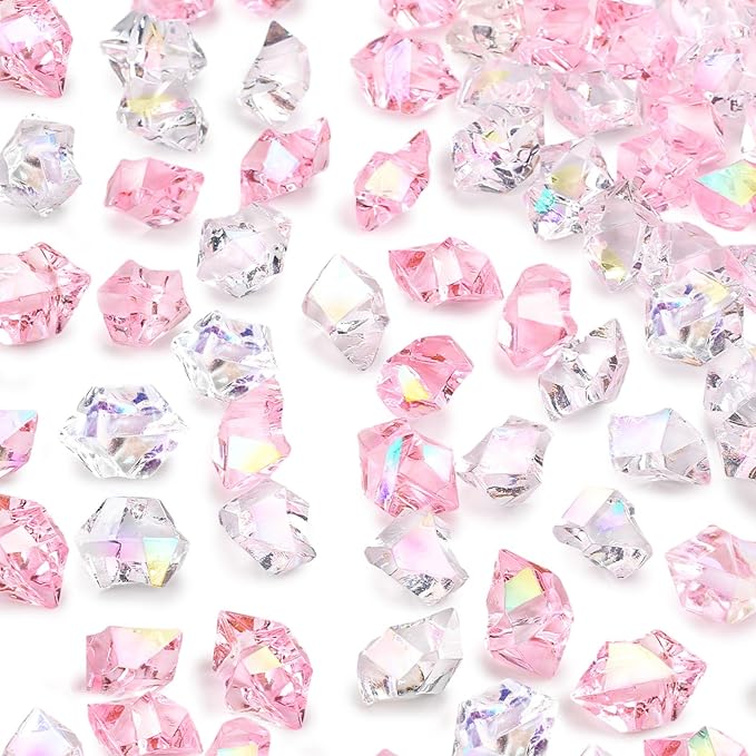 DOMESTAR 150 PCS Iridescent Fake Ice Rocks, Pink and Clear Acrylic Crystals | Plastic Gems for Vases Fillers, Table Scatter, Tables Centerpieces, Wedding Centerpieces, Fish Tank Craft Supplies