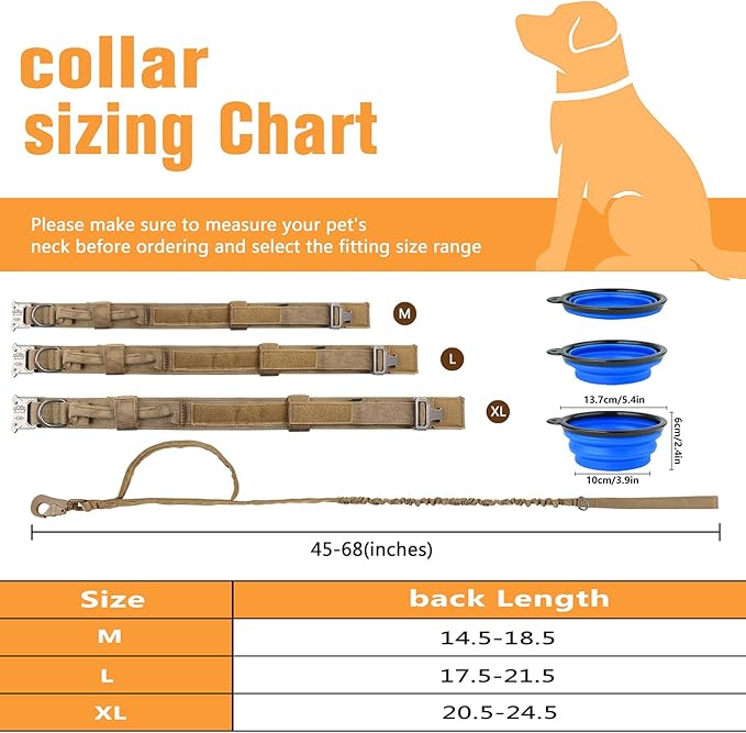 HYDEME Tactical Dog Collar Adjustable Nylon Collar with Control Handle and Heavy Metal Buckle for Medium and Large Dogs, with Patches&Airtags Case&Poop Bag Dispenser&Portable Bowl. (L, Brown-Set)